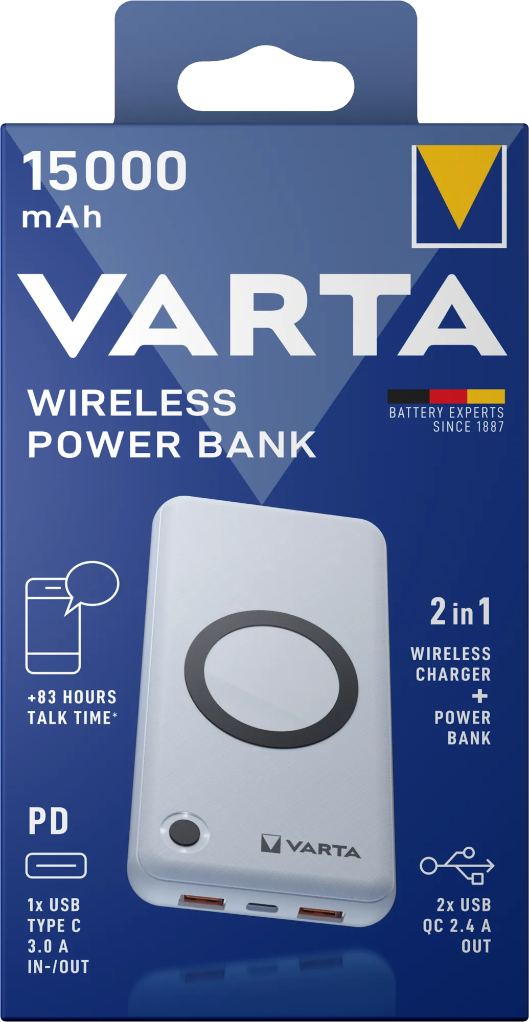 Batteria Esterna Wireless Varta Energy, 15000mAh, 18W, QC + PD + FQI, 1 x QI - 1 x USB-C - 2 x USB-A, Bianca - immagine 1