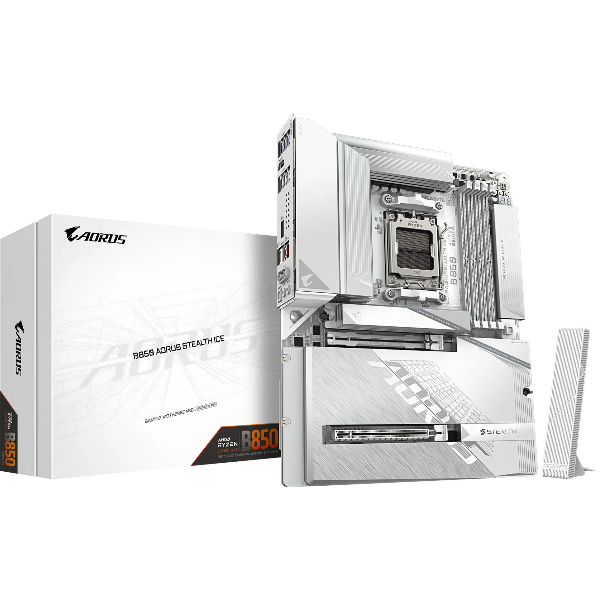 B850 AORUS STEALTH ICE Scheda Madre – CPU AMD Ryzen serie 9000, VRM digitale a 14+2+2 fasi, fino a 8200 MHz DDR5 (OC), 2 x M.2 PCIe 5.0 + 2 x PCIe 4.0, Wi-Fi 7, LAN 5 GbE, USB 3.2 Gen 2 - immagine 1
