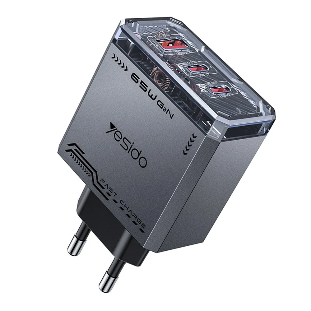 Caricabatterie Rete Yesido YC101, 65W, 3.25A, 1 x USB-A - 2 x USB-C, Nero - immagine 1