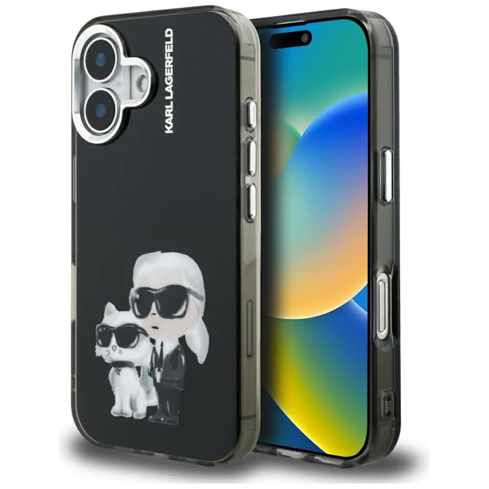 Custodia per Apple iPhone 16, Karl Lagerfeld, IML Aquarelle Logo Karl & Choupette, Nera - immagine 1