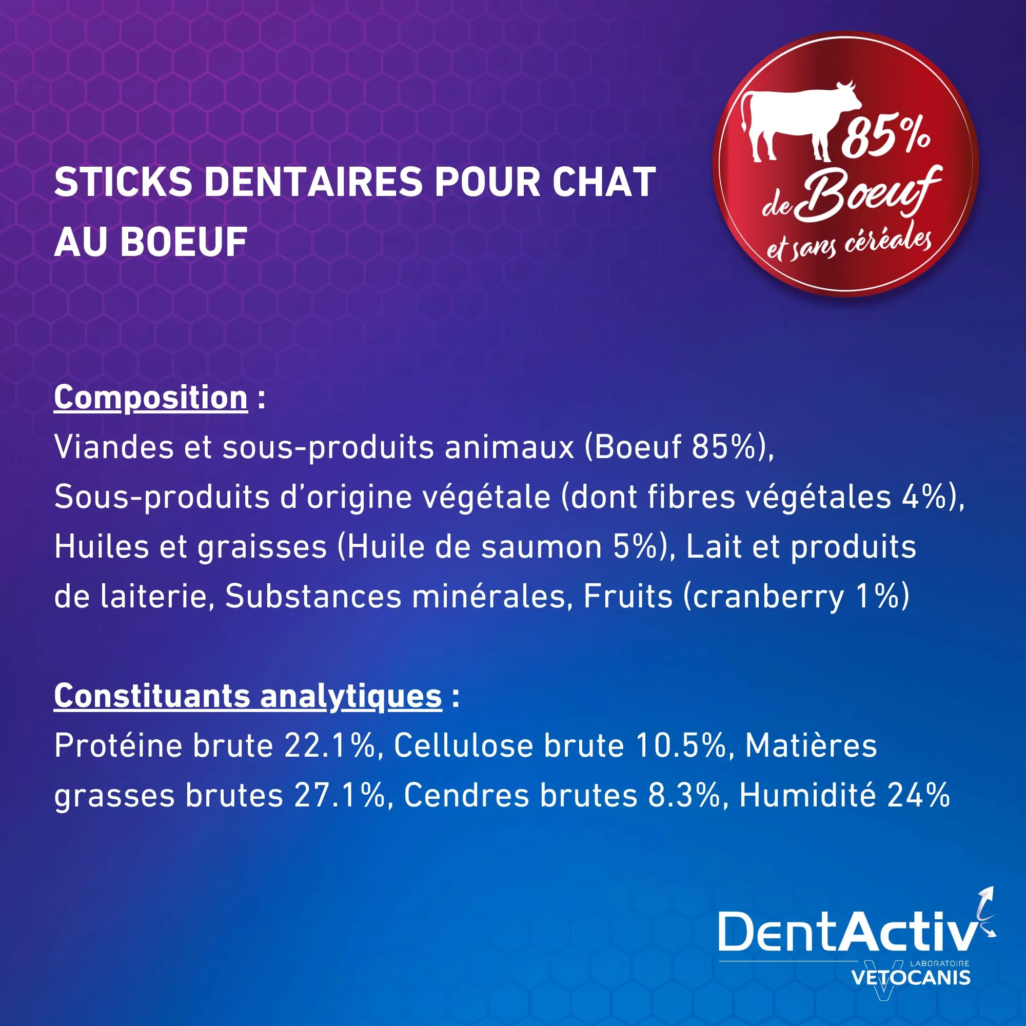 Vetocanis - Dentactiv - Stick dentale - Dolcetti per gatti gourmet - per l'igiene e la salute - Ricco di carne - 85% di manzo - Consigliato dai veterinari - Sistema anti-placca - immagine 2