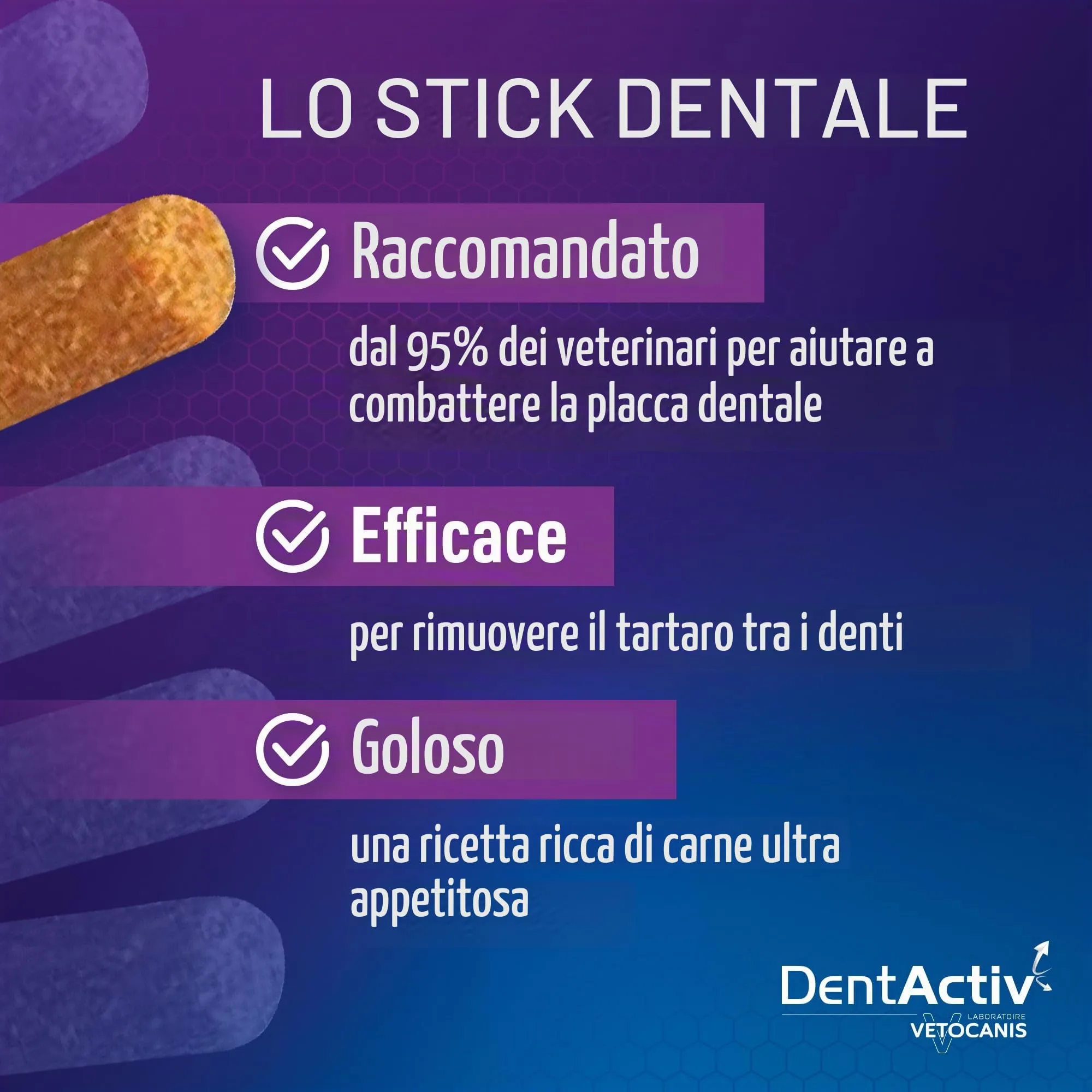 Vetocanis - Dentactiv - Stick dentale - Dolcetti per gatti gourmet - per l'igiene e la salute - Ricco di carne - 85% di manzo - Consigliato dai veterinari - Sistema anti-placca - immagine 3