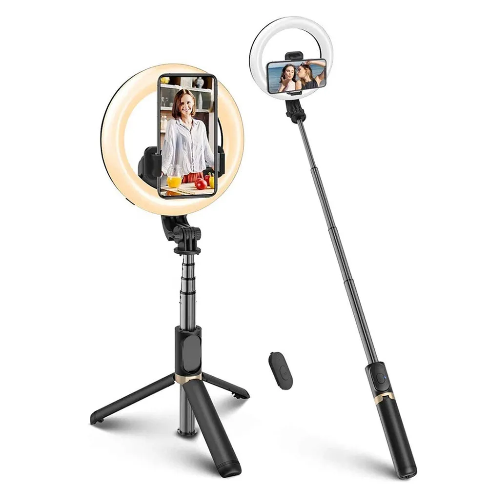 Selfie Stick Bluetooth Techsuit Q07 Ring Light, Universale, Nero - immagine 1