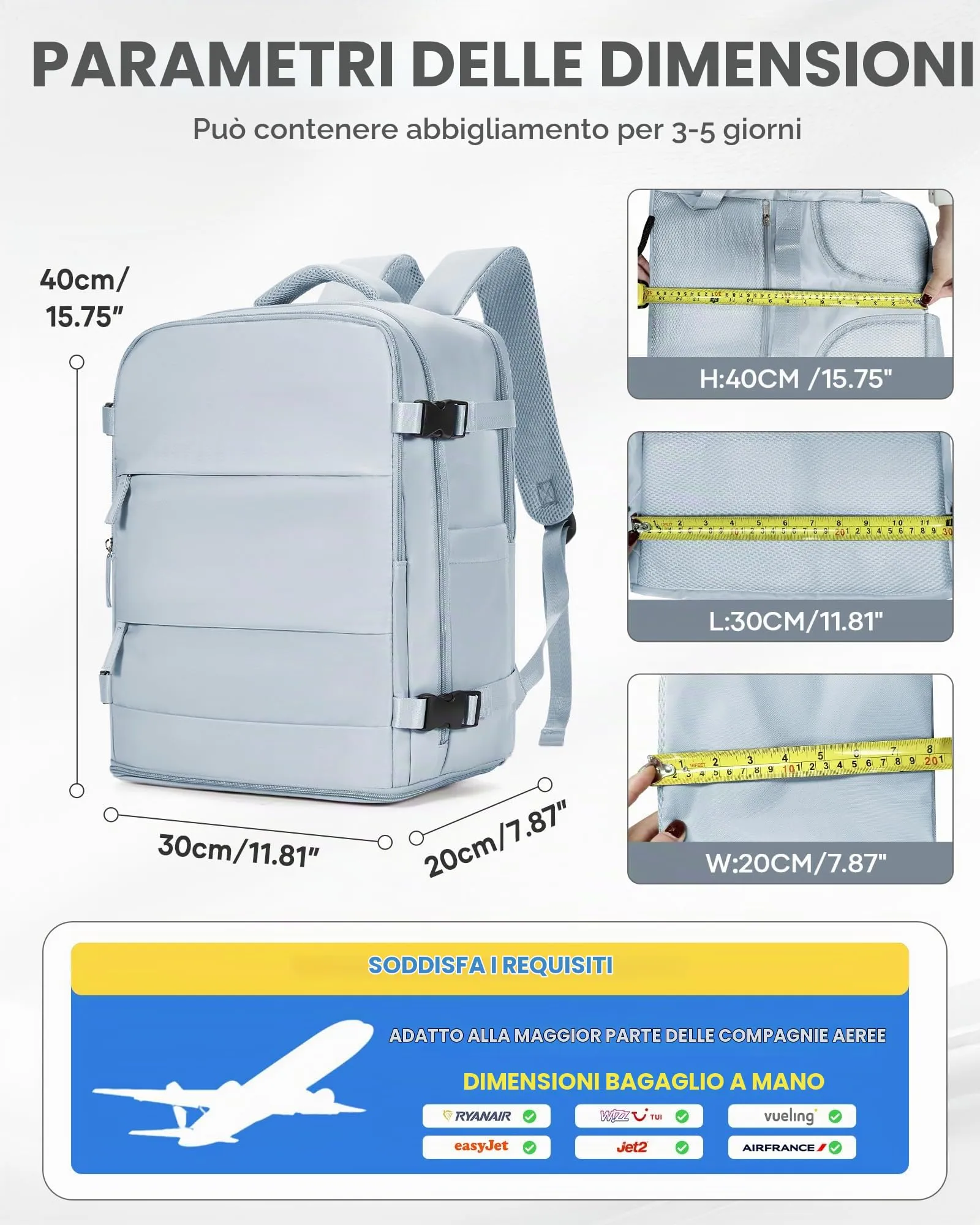 BJLFS Borse da Cabina per Ryanair 40x30x20 Bagaglio a mano Aereo Donna Uomo - immagine 3