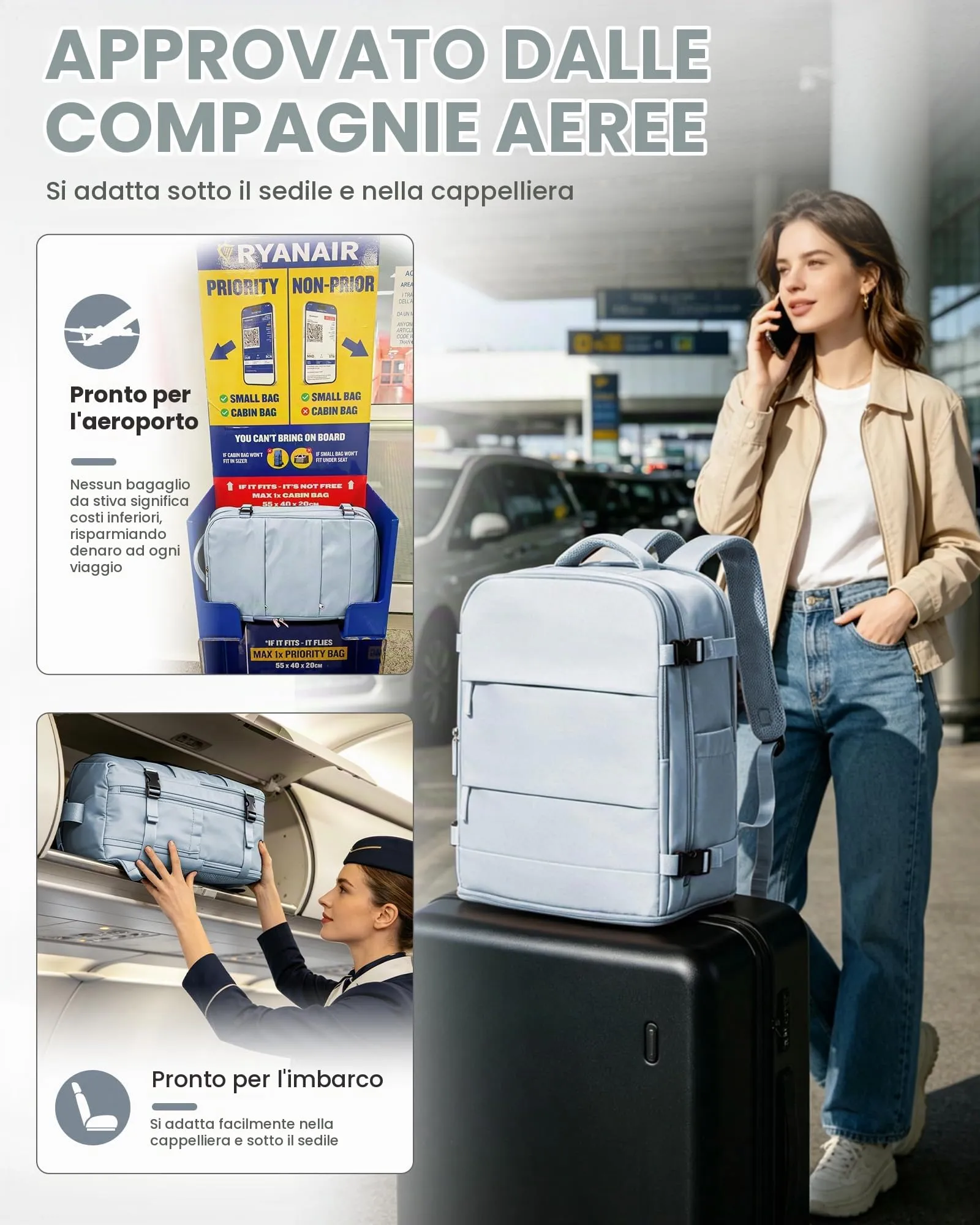 BJLFS Borse da Cabina per Ryanair 40x30x20 Bagaglio a mano Aereo Donna Uomo - immagine 4