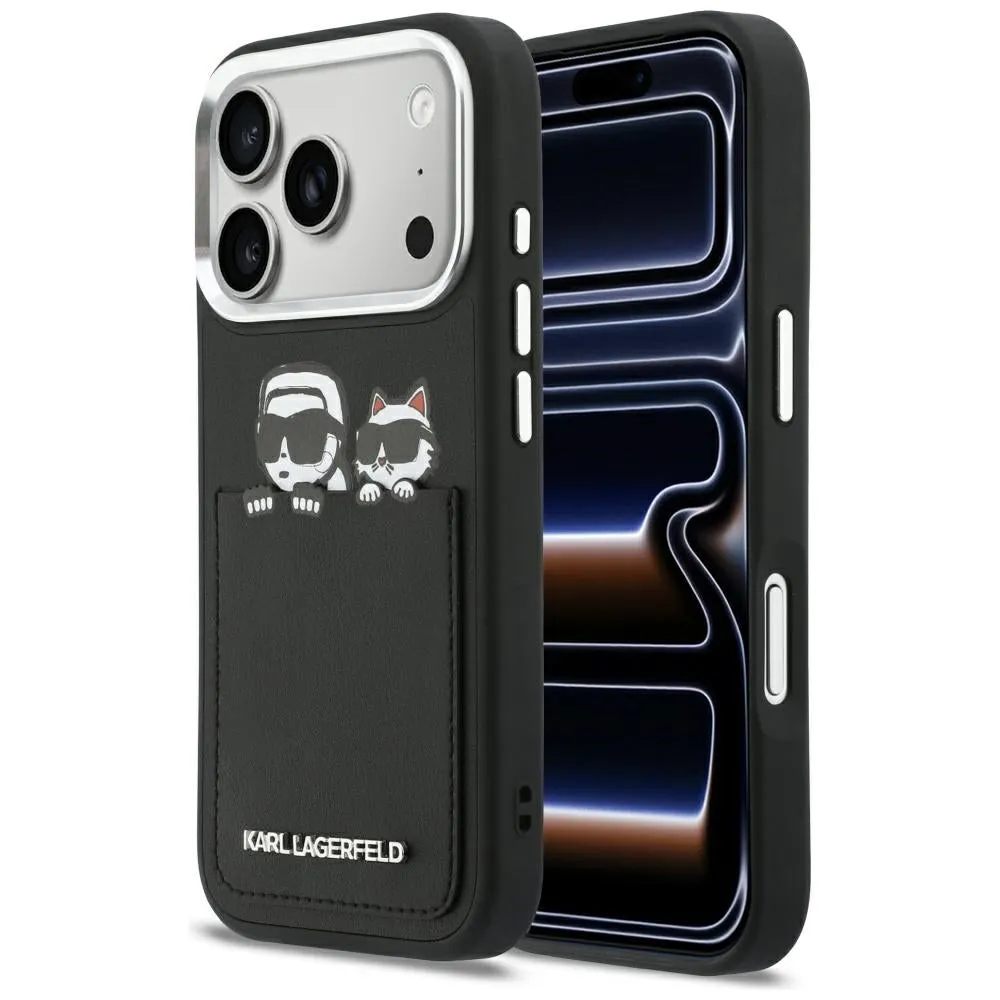 Custodia per Apple iPhone 17 Pro Max, Karl Lagerfeld, Karl & Choupette Print con tasca, Nera - immagine 1