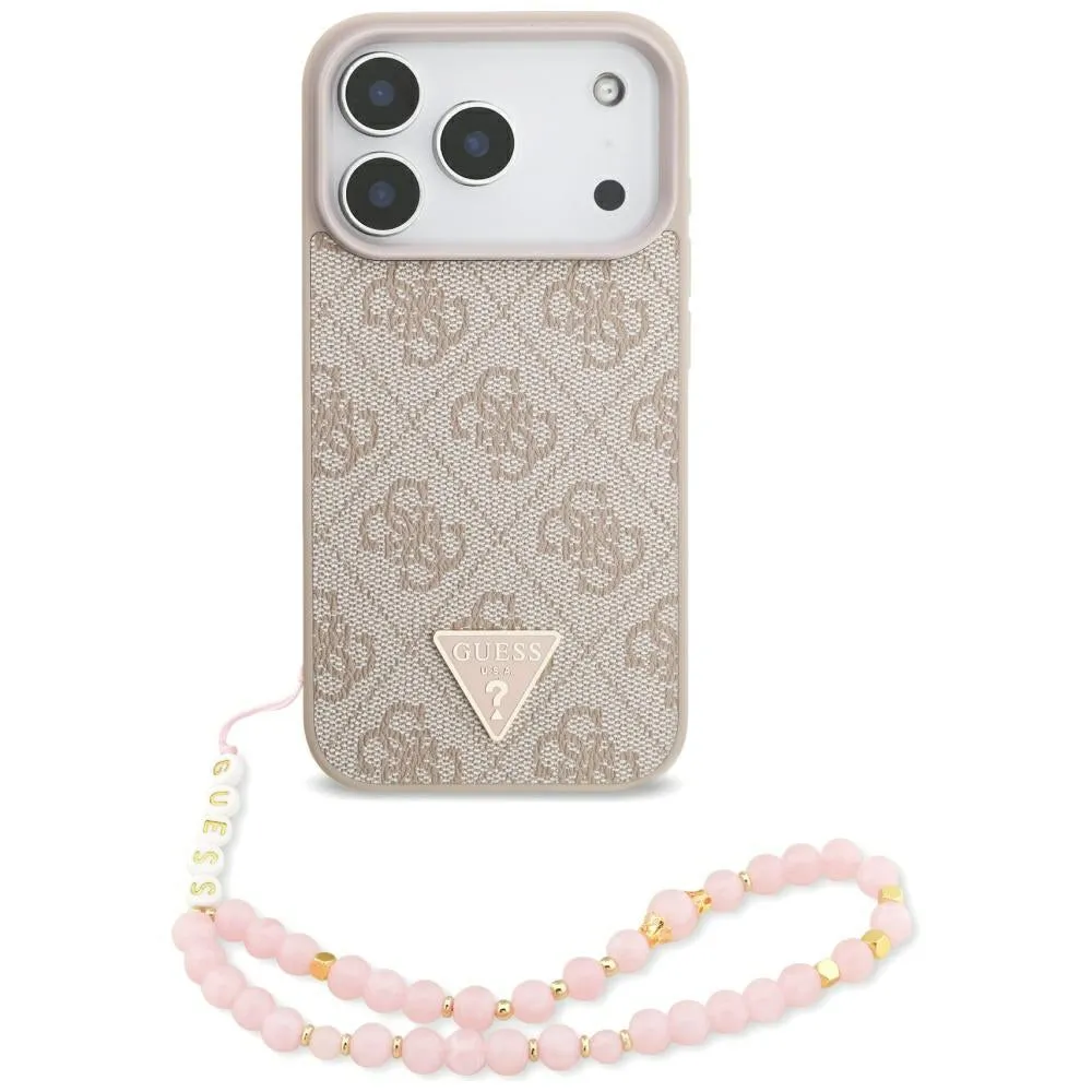 Custodia MagSafe per Apple iPhone 17 Pro, Guess, Logo Triangolo 4G con Cinturino di Perle, Rosa - immagine 1