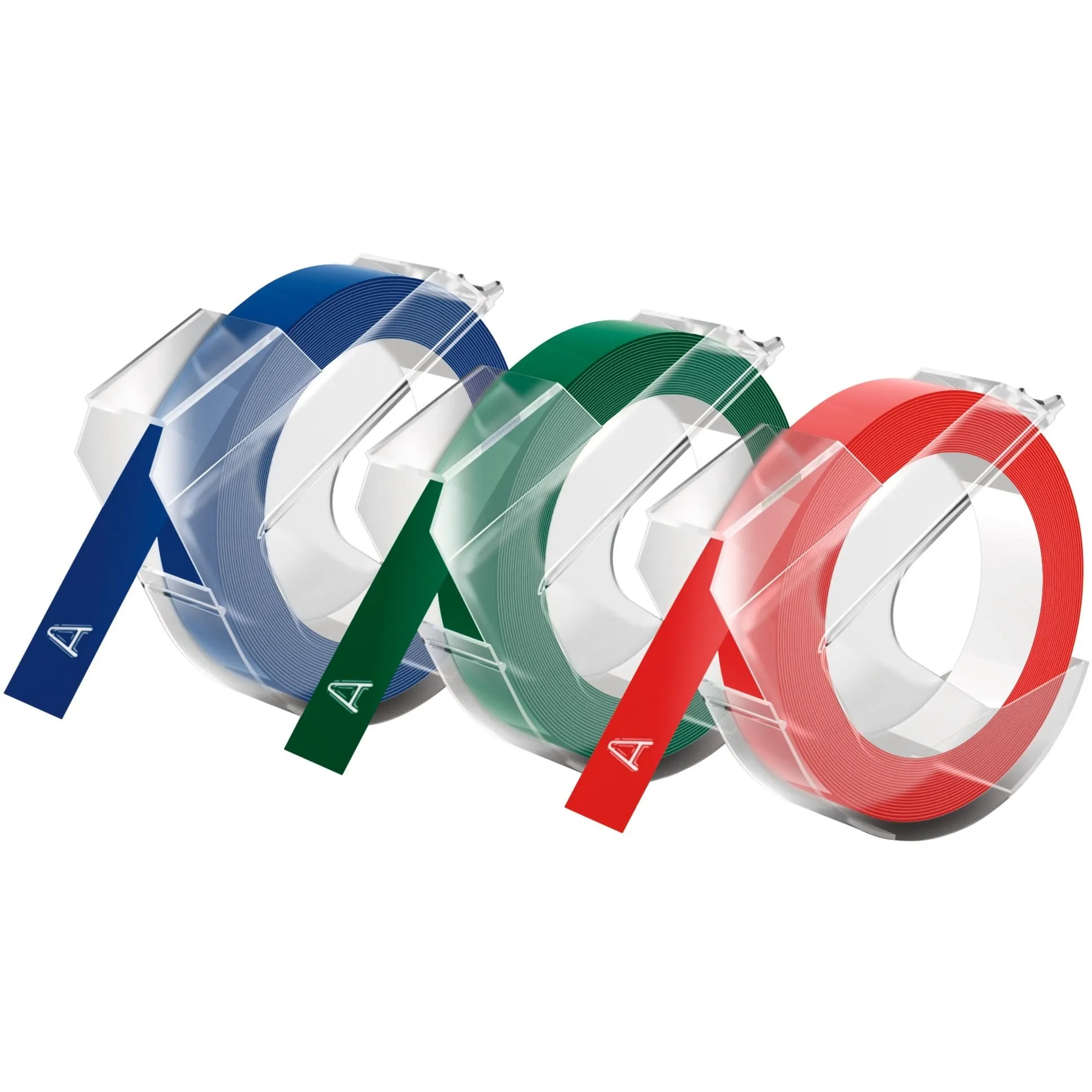 3D Nastro Etichette a Rilievo Autoadesive | Rotoli da 9 mm x 3 m | stampa bianca su nerorosso e blu |Per Omega e Junior etichettatrice a rilievo| Confezione da 3, Nastro di scrittura - immagine 1