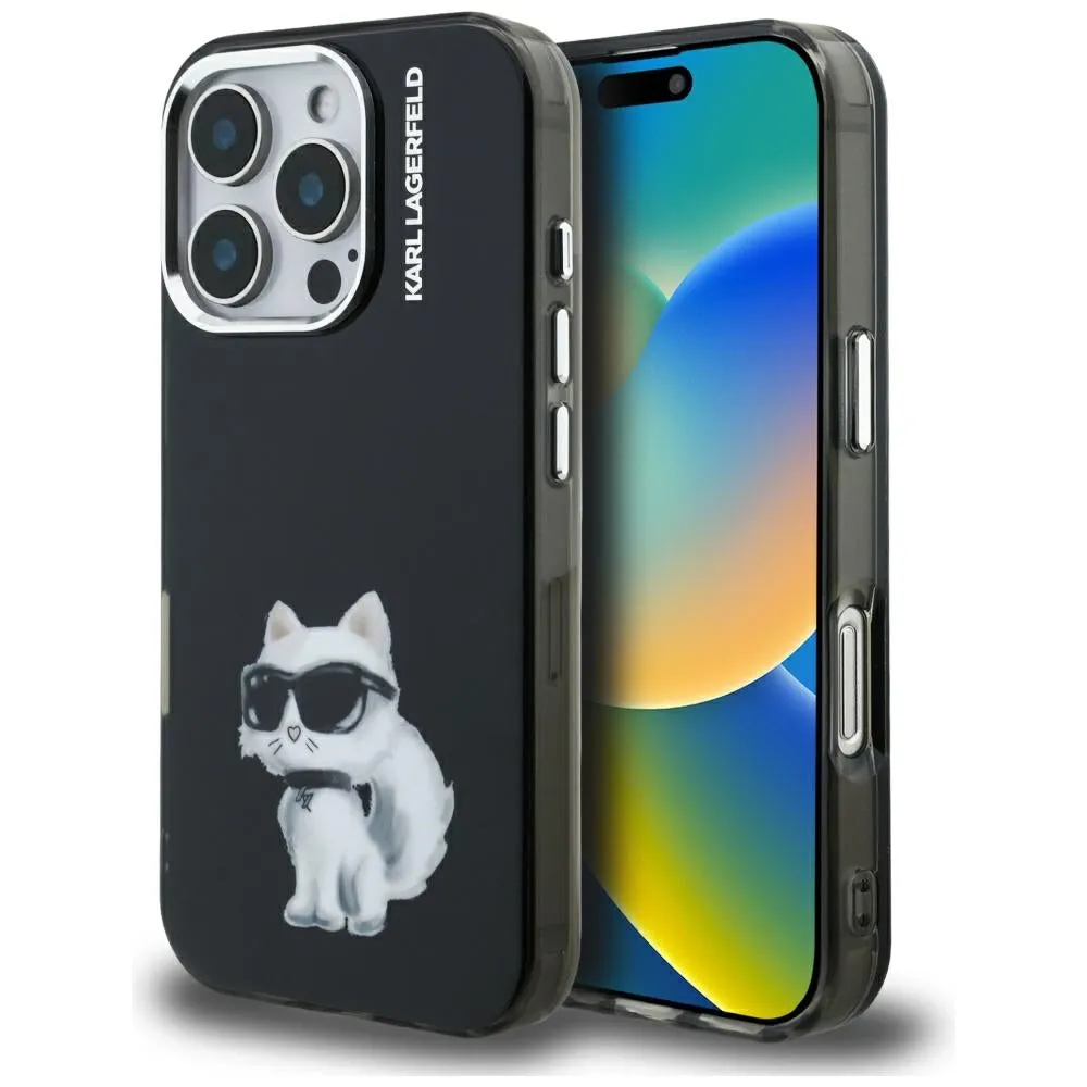 Custodia per Apple iPhone 16 Pro, Karl Lagerfeld, IML Aquarelle Logo Choupette, Nera - immagine 1