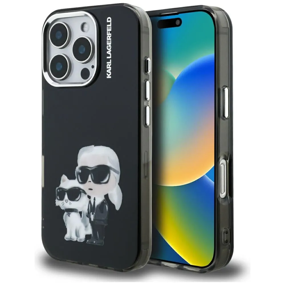 Custodia per Apple iPhone 16 Pro Max, Karl Lagerfeld, IML Aquarelle Logo Karl & Choupette, Nera - immagine 1