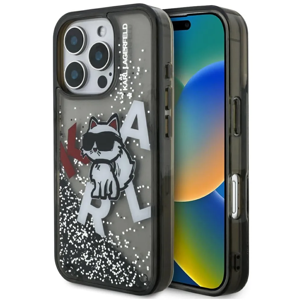 Custodia MagSafe per Apple iPhone 16 Pro, Karl Lagerfeld, Liquid Glitter Choupette Logo, Nera - immagine 1