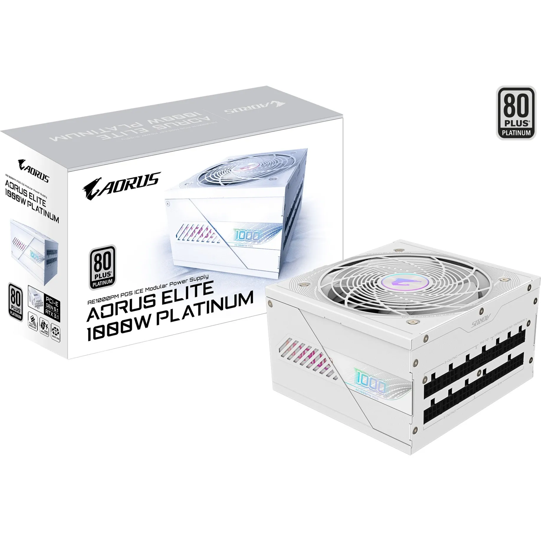 AORUS ELITE P1000W ICE Alimentatore - PCIe 5.0, 80 PLUS Platinum, Design completamente modulare, Ventola da 120 mm, Compatibile con ATX 3.0, Spina EU, Alimentatore PC - immagine 1