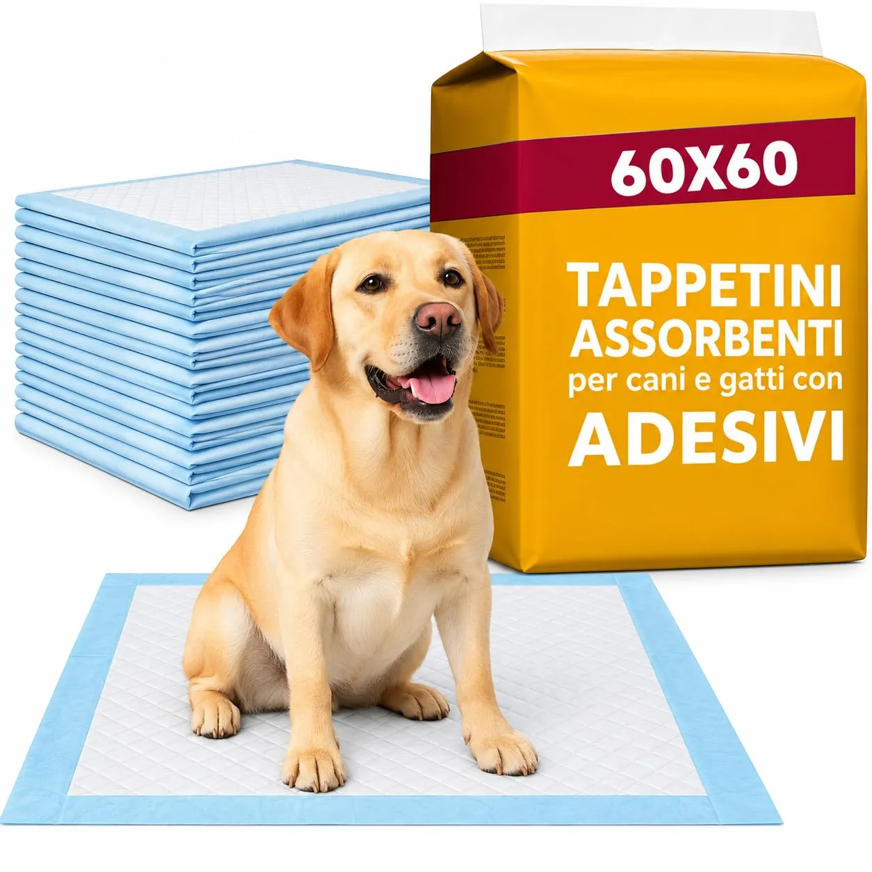 Tappetini Igienici per Cani 60x60 e 60x90 - Traversine Cane Super Assorbenti con Bordi Adesivi - Traverse Antiscivolo per Cani e Gatti (200, 60x60) - immagine 1