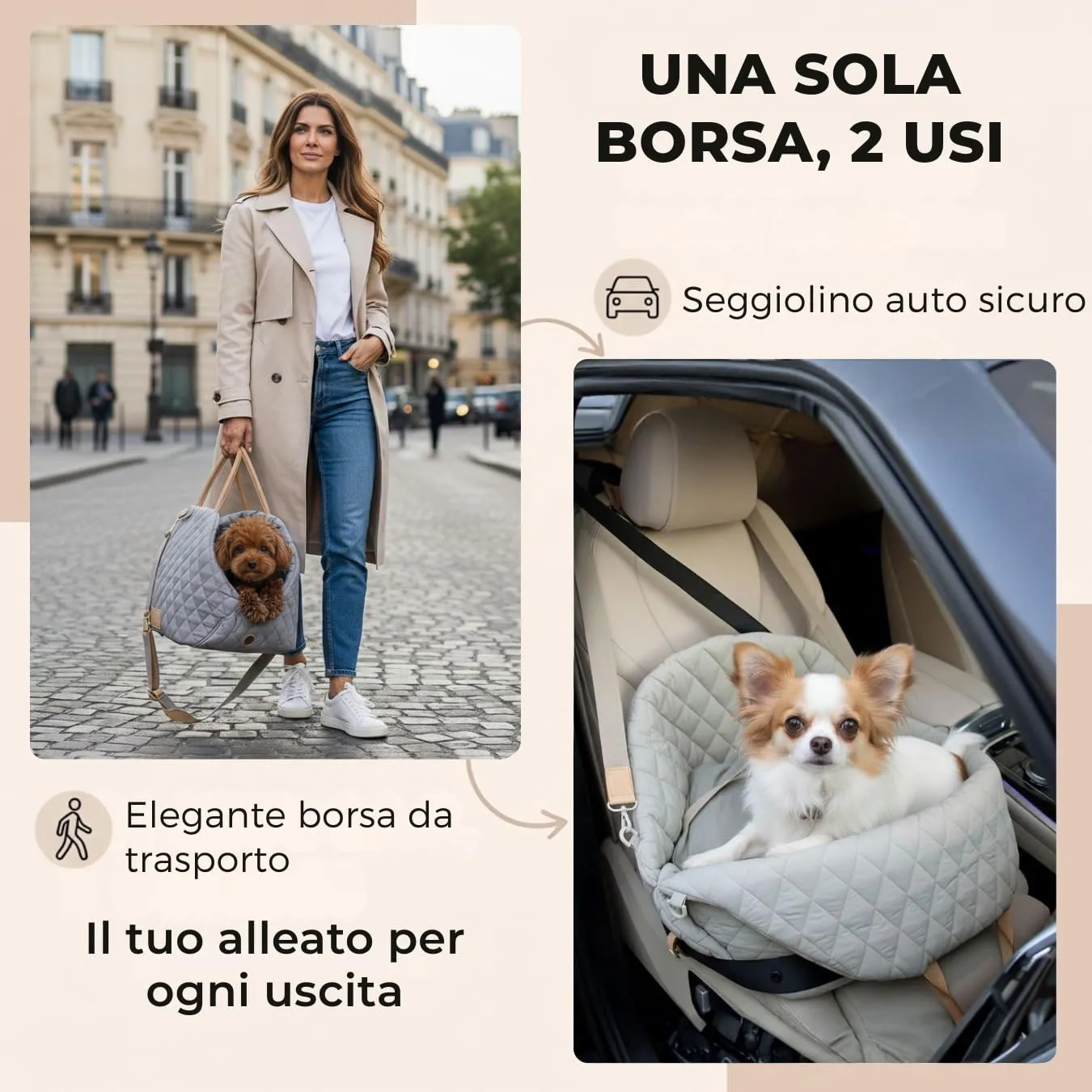 Borsa per cane piccola taglia, trasportino cani auto 3 kg, borsa chihuahua - immagine 2