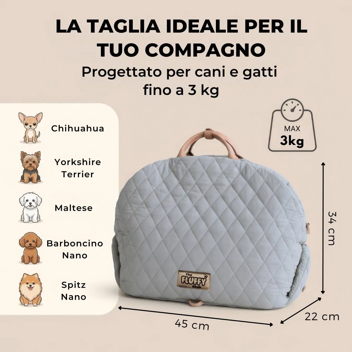 Borsa per cane piccola taglia, trasportino cani auto 3 kg, borsa chihuahua - immagine 4