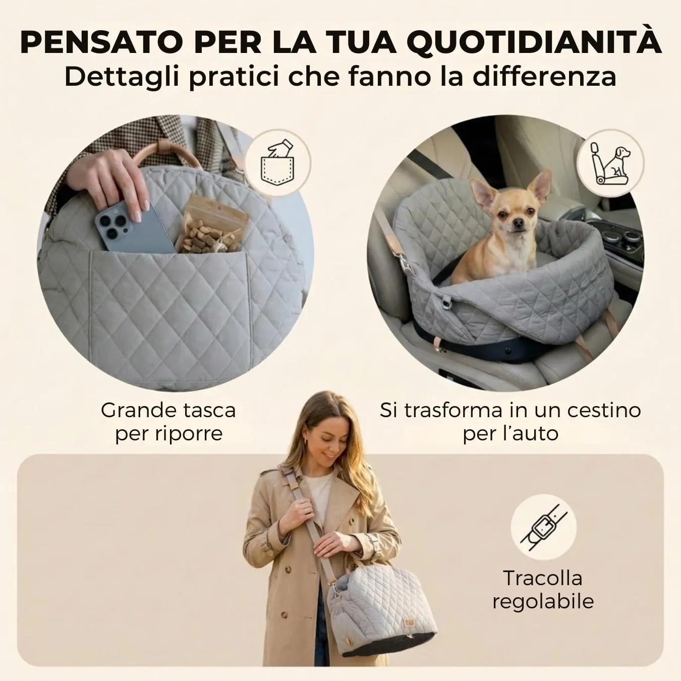 Borsa per cane piccola taglia, trasportino cani auto 3 kg, borsa chihuahua - immagine 8