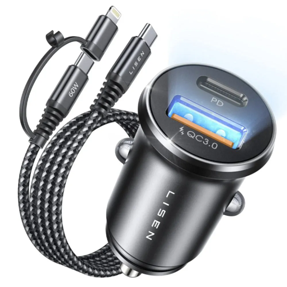 Caricabatterie Auto Con Cavo USB-C / Lightning Lisen, 48W, 3A, 1 x USB-A - 1 x USB-C, Nero YL0223080035 - immagine 1