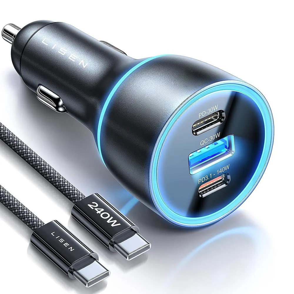 Caricabatterie Auto con Cavo USB-C Lisen, 170W, 5A, 1 x USB-A - 2 x USB-C, Nero YL0224010001 - immagine 1