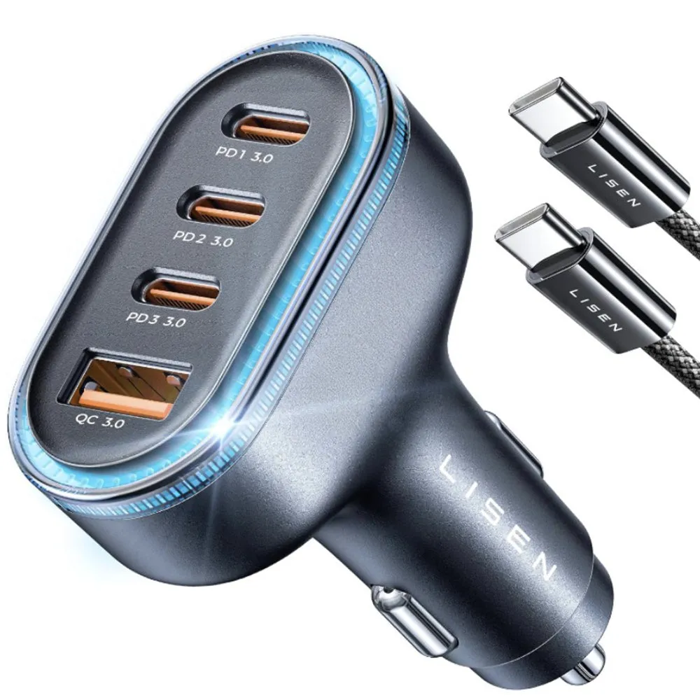 Caricabatterie Auto Con Cavo USB-C Lisen, 101W, 3.25A, 1 x USB-A - 3 x USB-C, Nero YL0223120021 - immagine 1