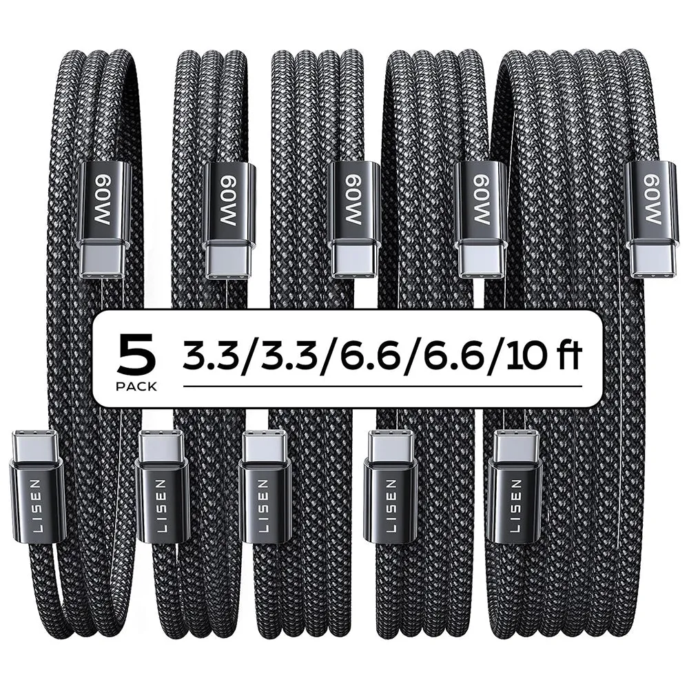 Cavo Dati e Ricarica USB-C - USB-C Lisen, 60W, Set 5 pezzi (2 x 1m, 2 x 2m, 1 x 3m), Nero YL0123070010 - immagine 1