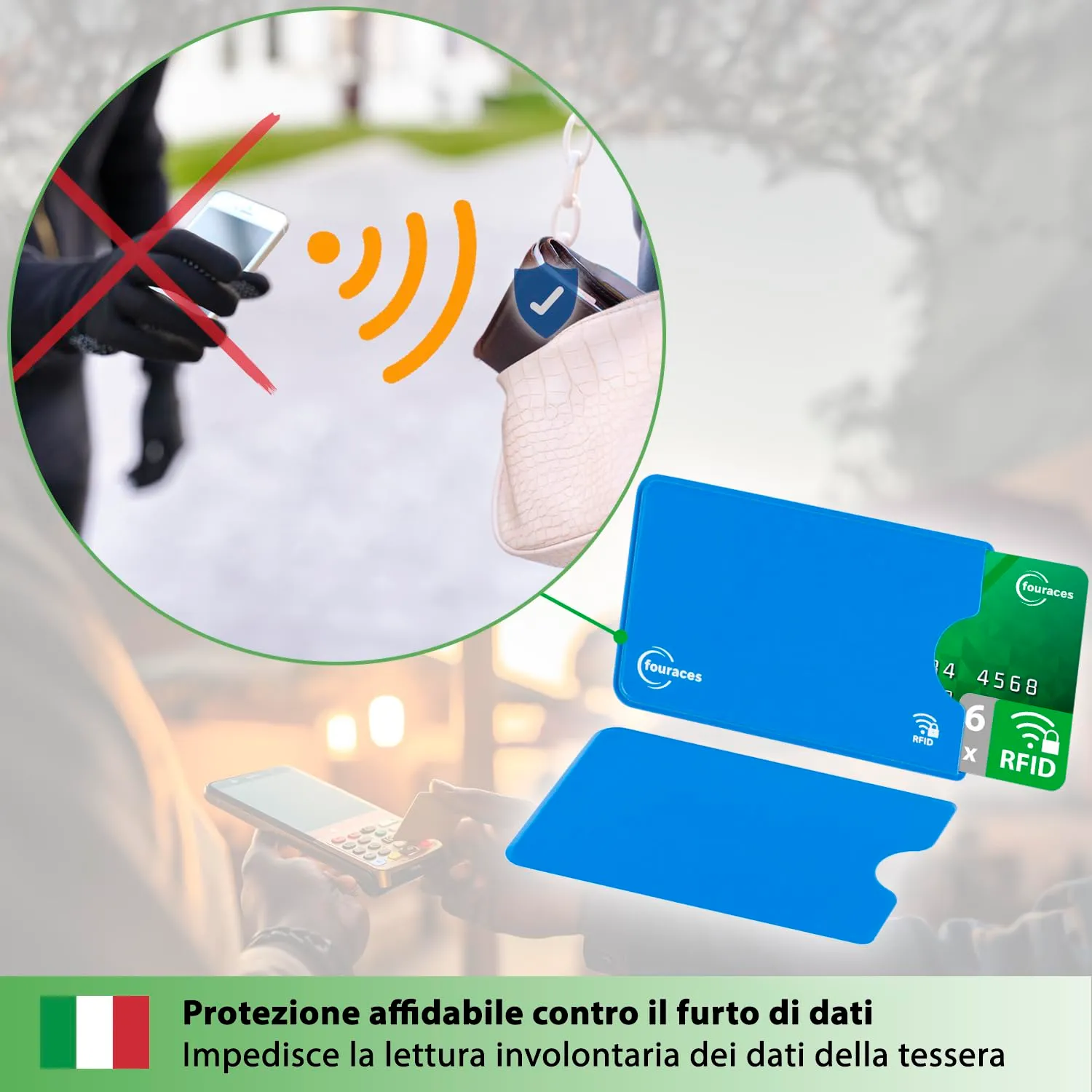 fouraces 6x porta tessere carte di credito con protezione RFID - proteggi tessera, schermato - blocking, protection - immagine 2