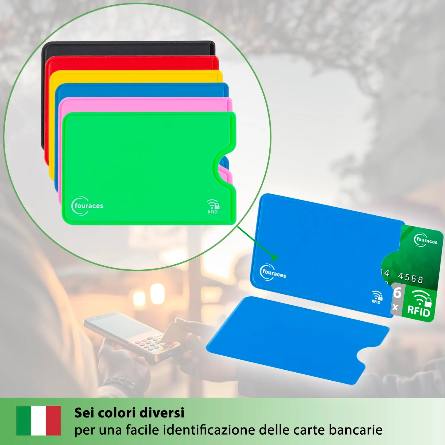 fouraces 6x porta tessere carte di credito con protezione RFID - proteggi tessera, schermato - blocking, protection - immagine 6