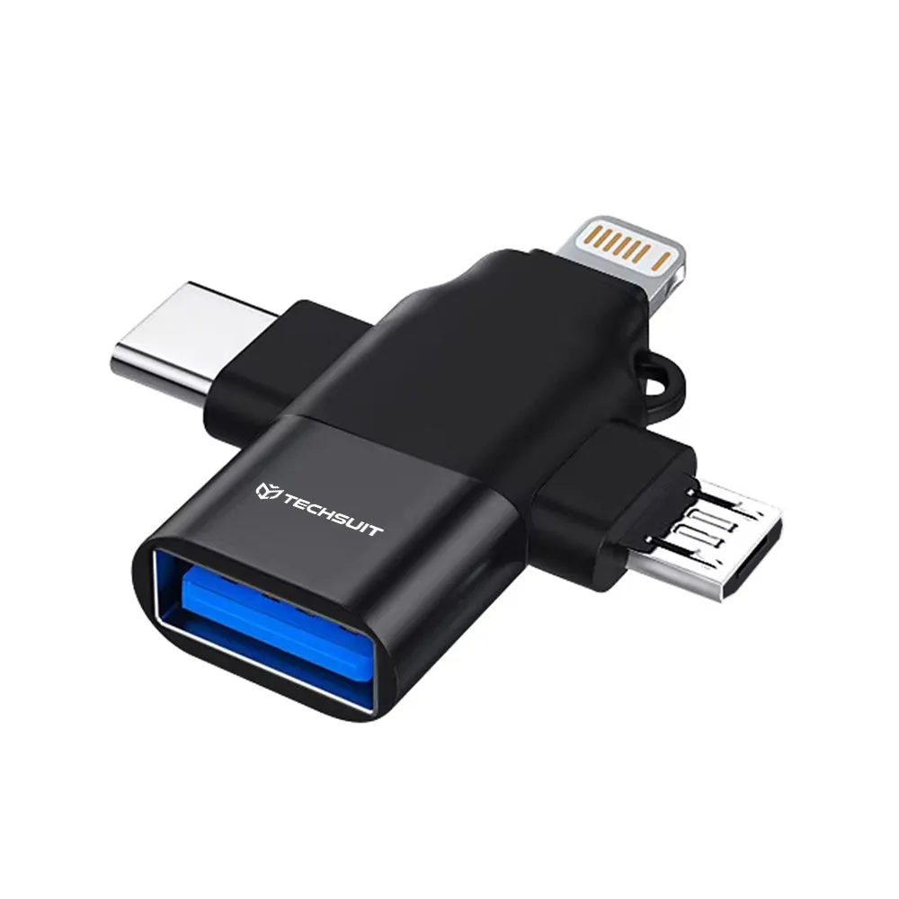 Adattatore OTG Lightning / microUSB / USB-C - USB-A Techsuit A17 SoundVoltX, Nero - immagine 1