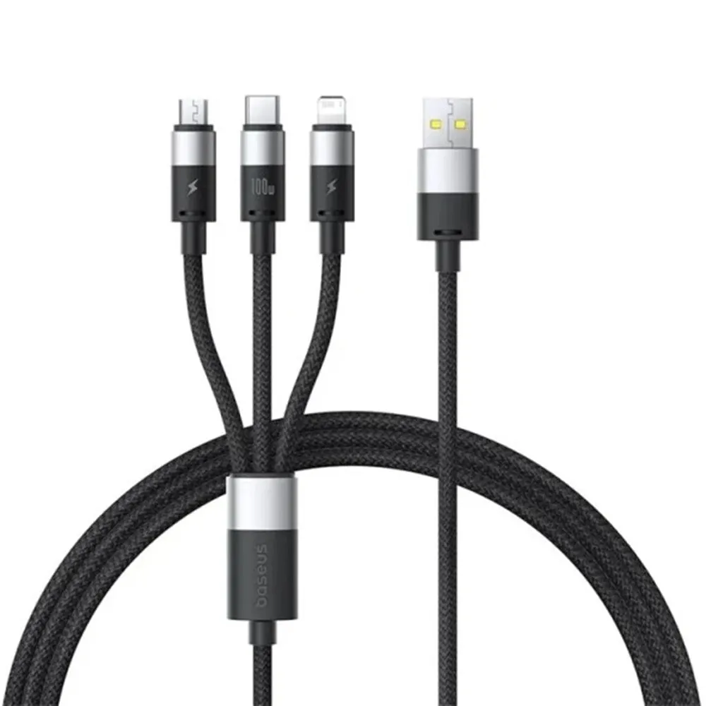 Cavo di Ricarica USB-A - Lightning / microUSB / USB-C Baseus StarSpeed 3in1, 100W, 1.5m, Nero P10319900111-01 - immagine 1