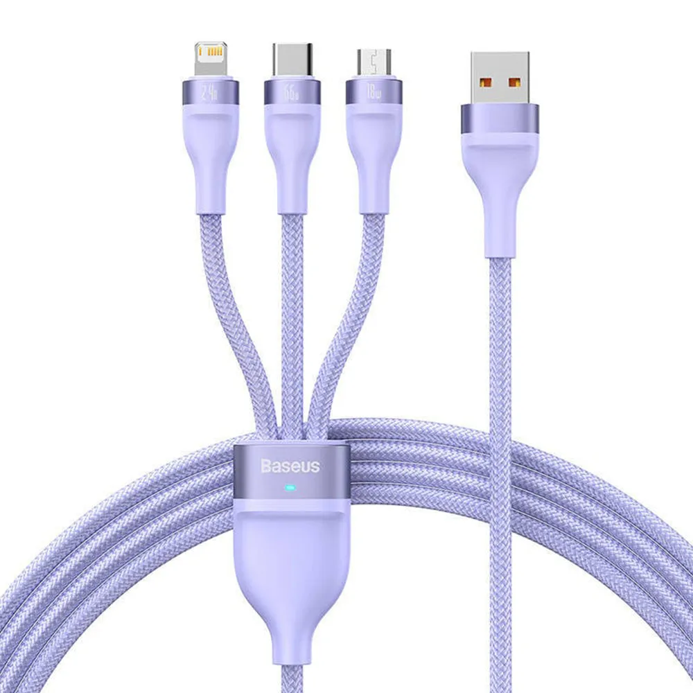 Cavo di Ricarica USB-A - Lightning / microUSB / USB-C Baseus Flash Series II 3in1, 66W, 1.2m, Viola CASS040005 - immagine 1