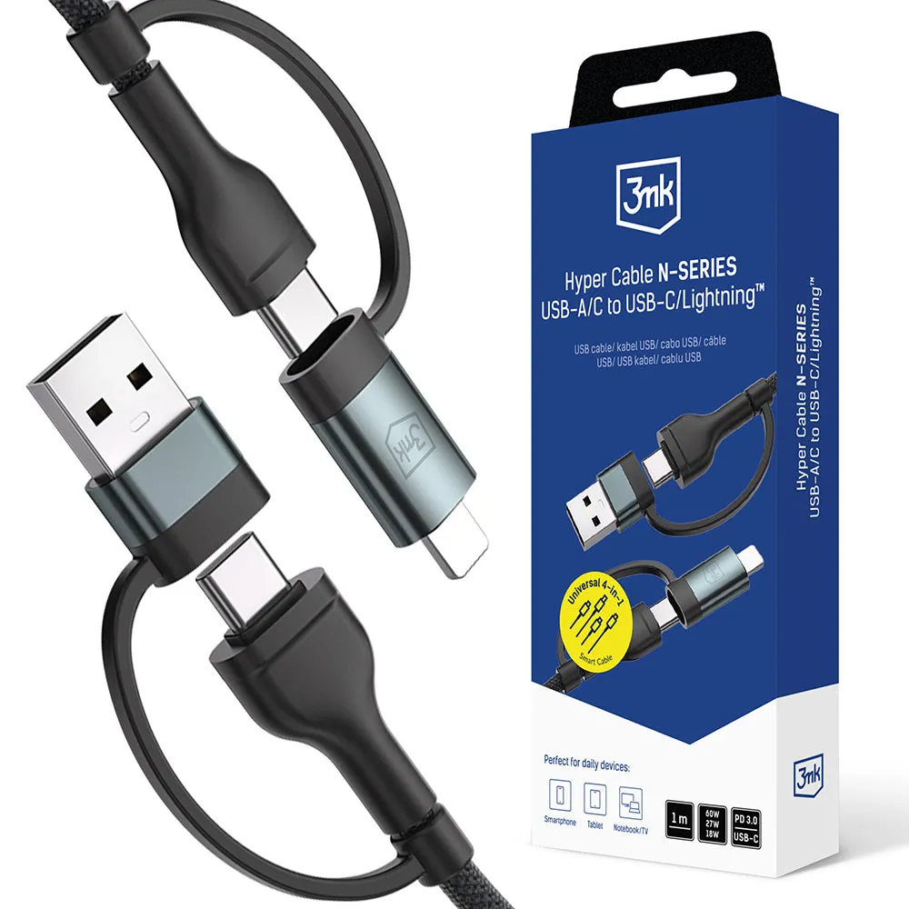 Cavo Dati e Ricarica USB-A / USB-C - USB-C / Lightning 3MK Hyper N, 60W, 1.2m, Nero - immagine 1