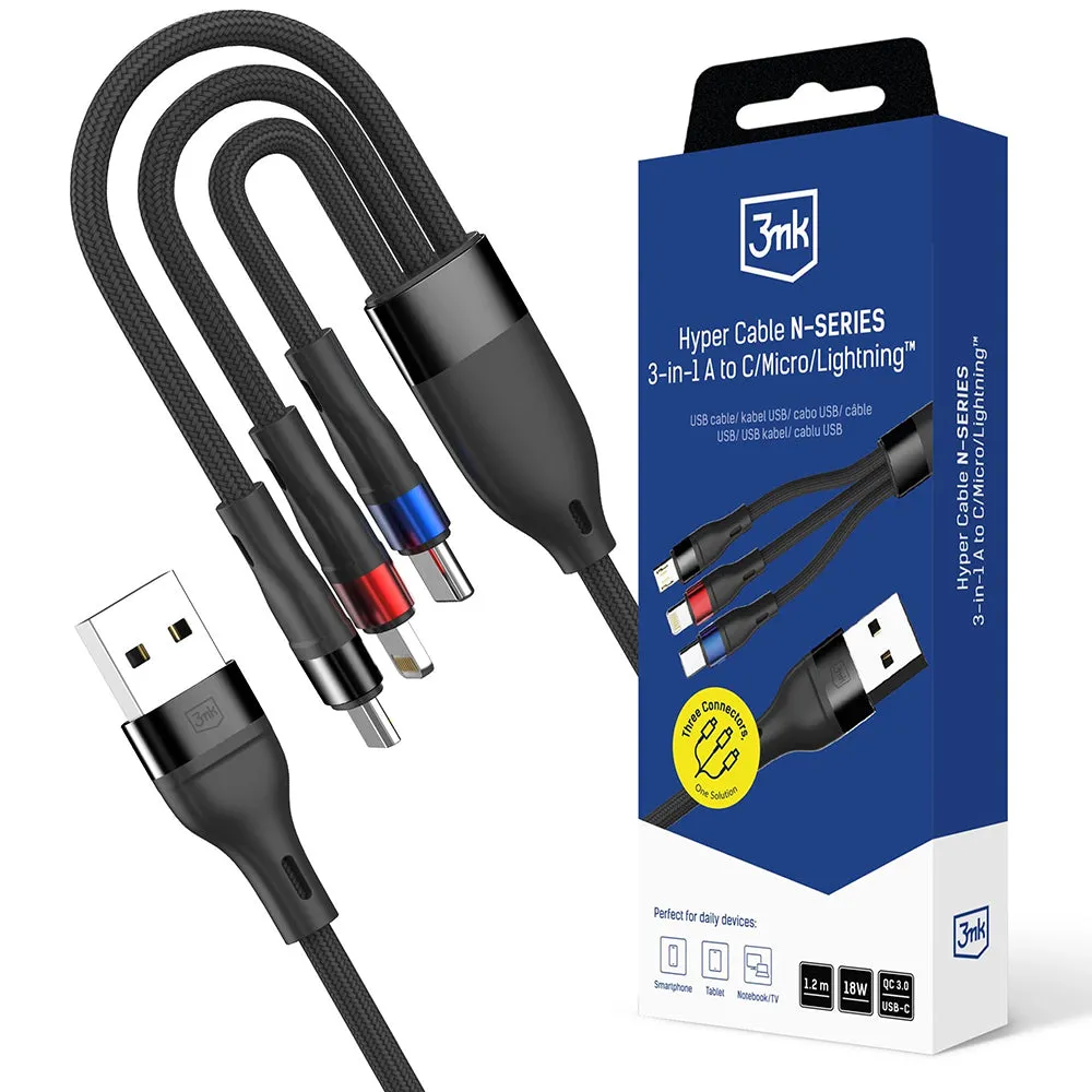 Cavo di Ricarica USB-A - Lightning / microUSB / USB-C 3MK Hyper N, 18W, 1.2m, Nero - immagine 1