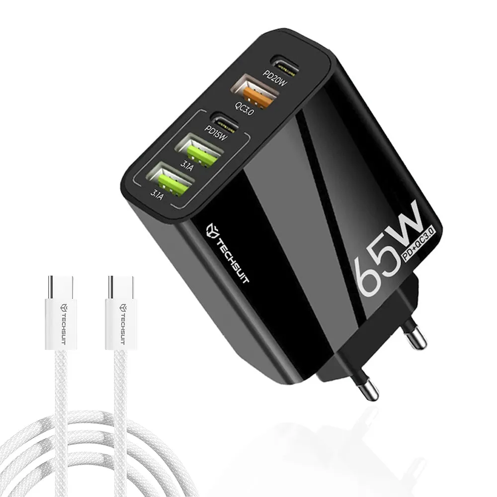 Caricabatterie Rete con Cavo USB-C Techsuit CHC2 PentaXPower, 20W, 3A, 3 x USB-A - 2 x USB-C, Nero - immagine 1