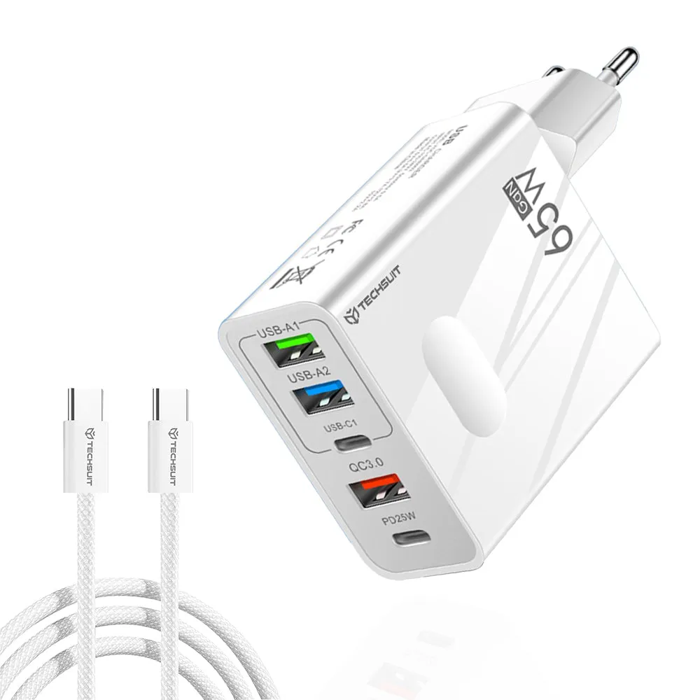 Caricabatterie Rete con Cavo USB-C Techsuit CHC1 PentaXPower, 25W, 3A, 3 x USB-A - 2 x USB-C, Bianco - immagine 1