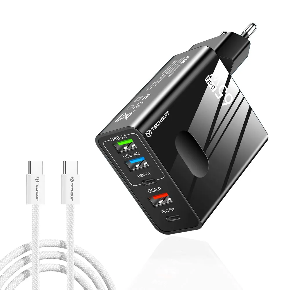 Caricabatterie Rete con Cavo USB-C Techsuit CHC1 PentaXPower, 25W, 3A, 3 x USB-A - 2 x USB-C, Nero - immagine 1