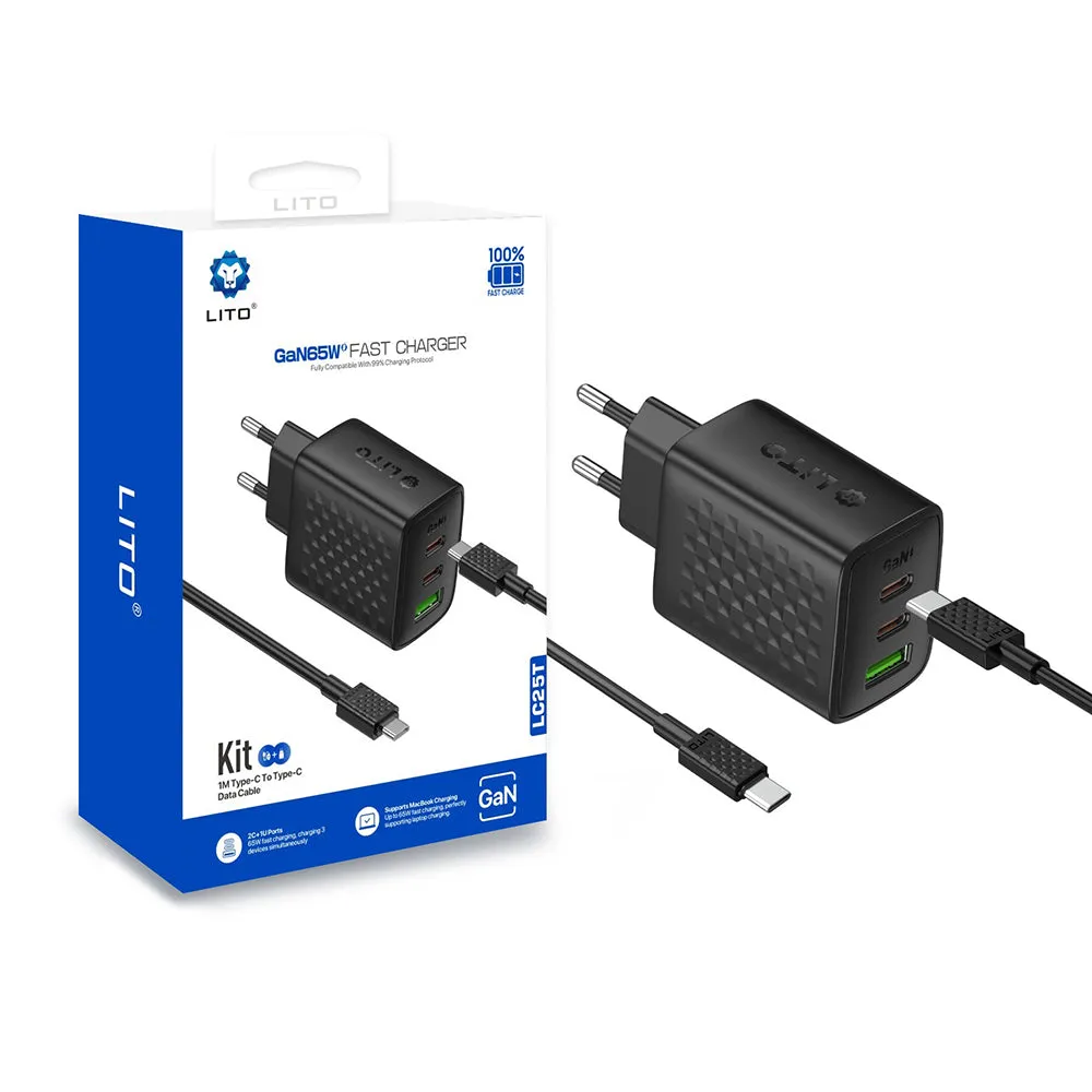 Caricabatterie Rete con Cavo USB-C Lito LC25T, 65W, 3.25A, 1 x USB-A - 2 x USB-C, Nero - immagine 1