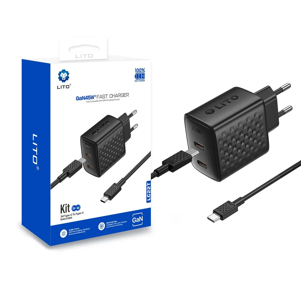 Caricabatterie da Rete con Cavo USB-C Lito LC22T, 45W, 3A, 2 x USB-C, Nero - immagine 1