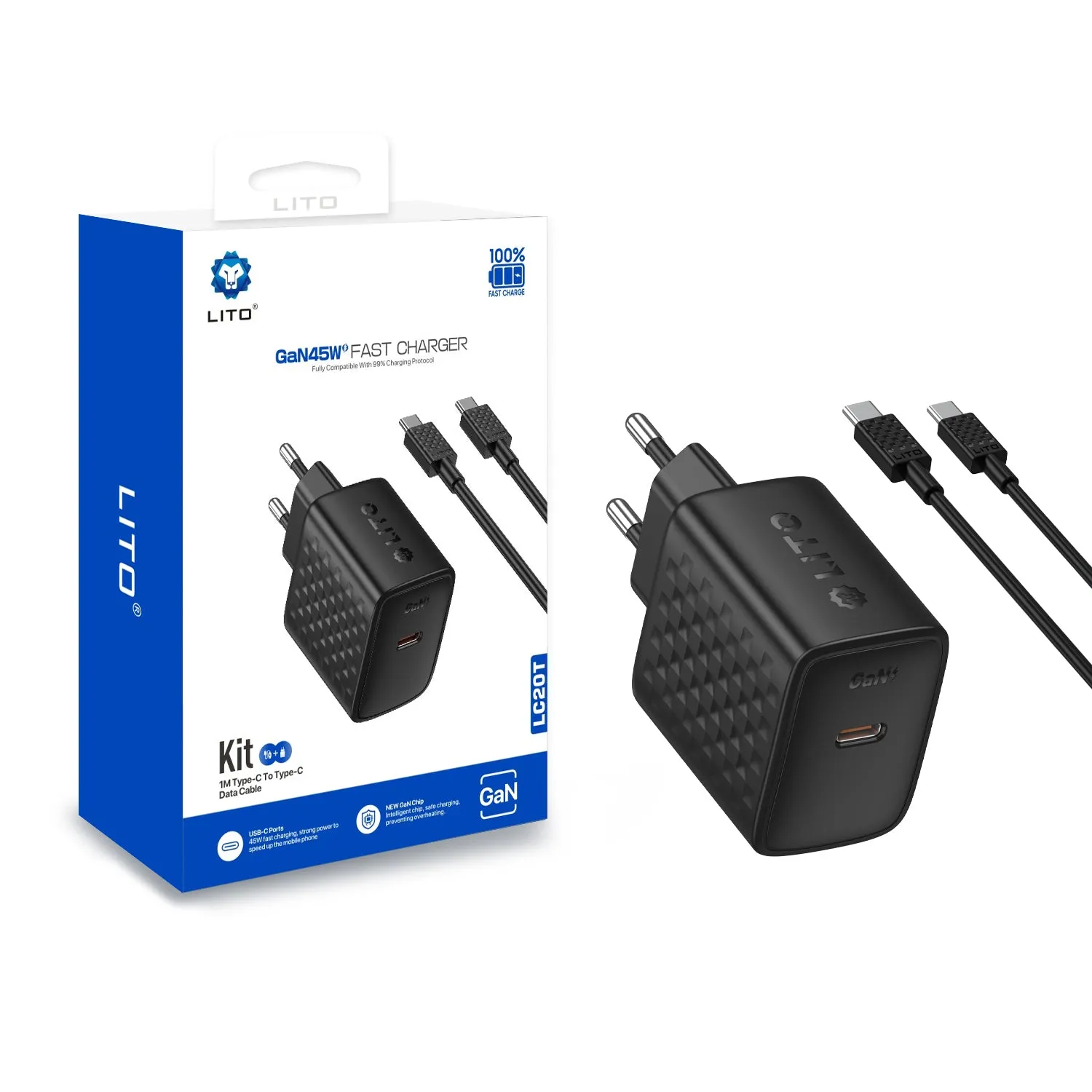 Caricabatterie Retea Con Cavo USB-C Lito LC20T, 45W, 3A, 1 x USB-C, Nero - immagine 1