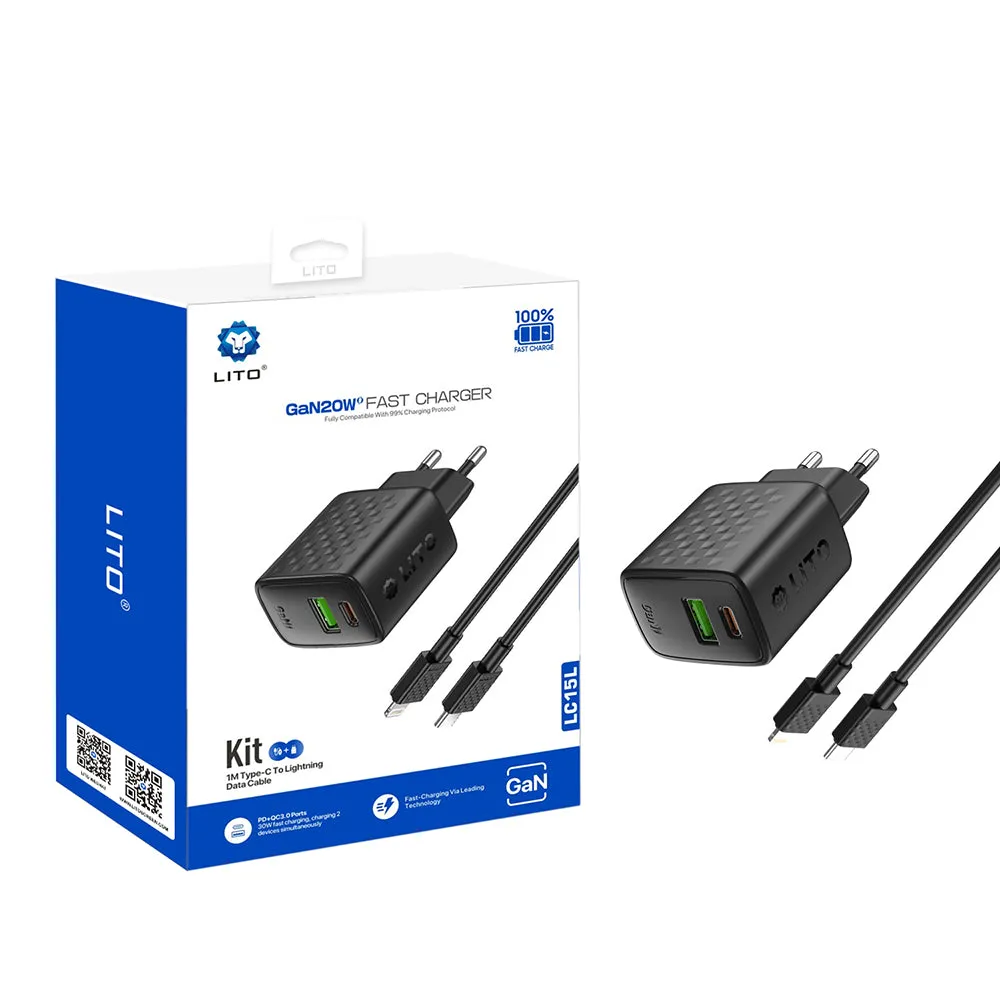 Caricabatterie Rete con Cavo Lightning Lito LC15L, 20W, 3A, 1 x USB-A - 1 x USB-C, Nero - immagine 1