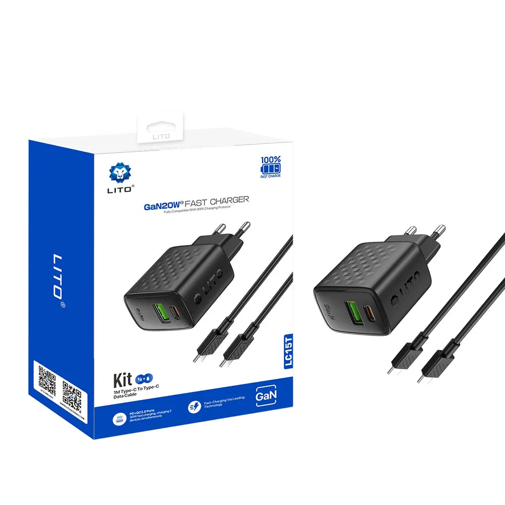 Caricabatterie Rete con Cavo USB-C Lito LC15T, 20W, 3A, 1 x USB-A - 1 x USB-C, Nero - immagine 1