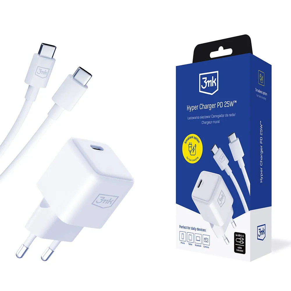 Caricabatterie Rete con Cavo USB-C 3MK Hyper, 25W, 3A, 1 x USB-C, Bianco - immagine 1