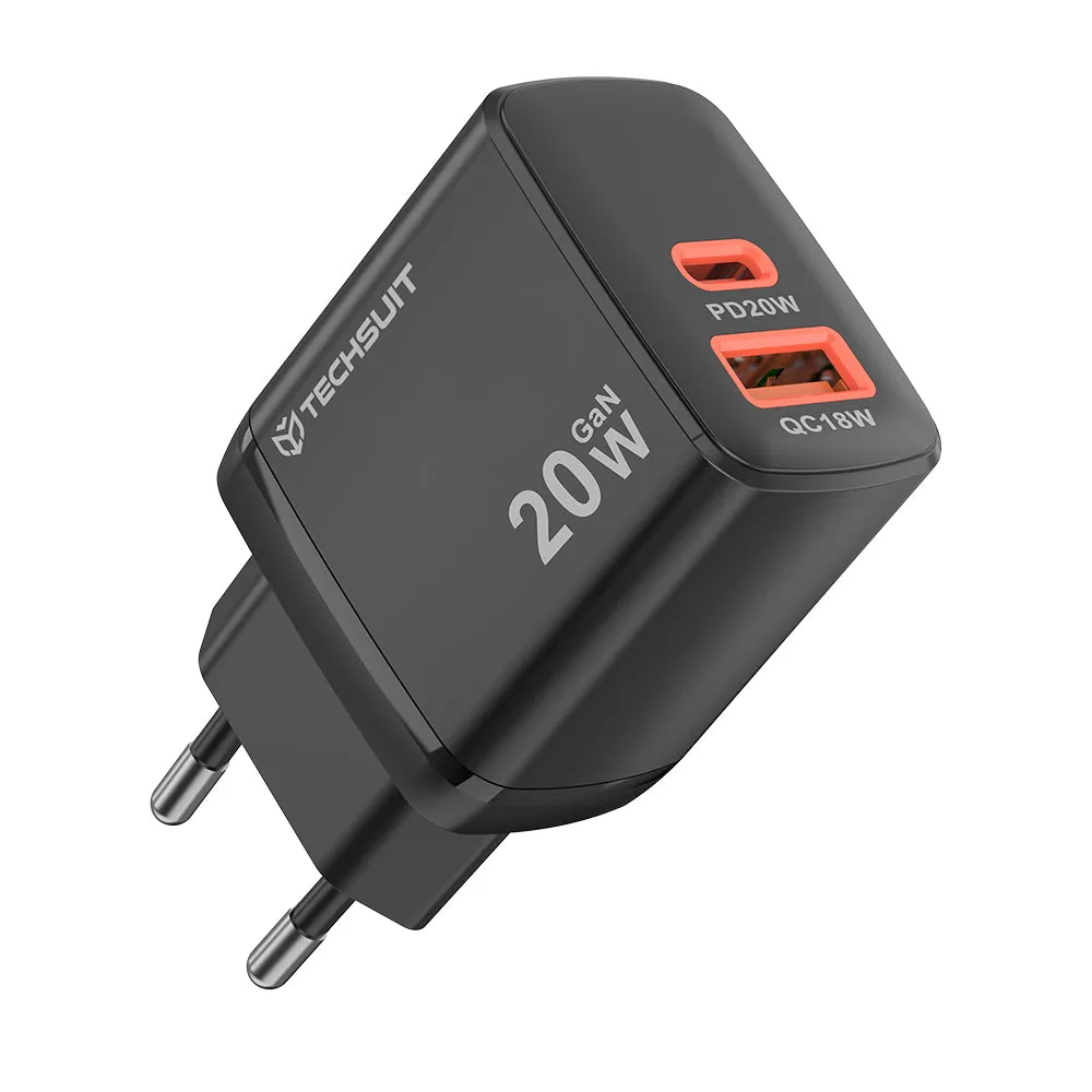 Caricabatterie Rete Techsuit CH2 Duonix, 20W, 3A, 1 x USB-A - 1 x USB-C, Nero - immagine 1