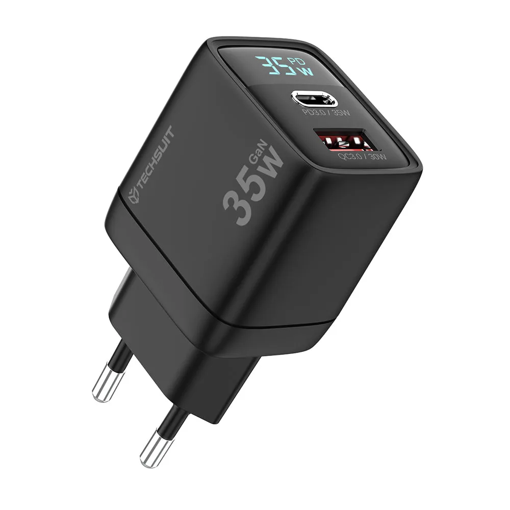 Caricabatterie Rete Techsuit CH3 LEDChargX Display, 35W, 3A, 1 x USB-A - 1 x USB-C, Nero - immagine 1