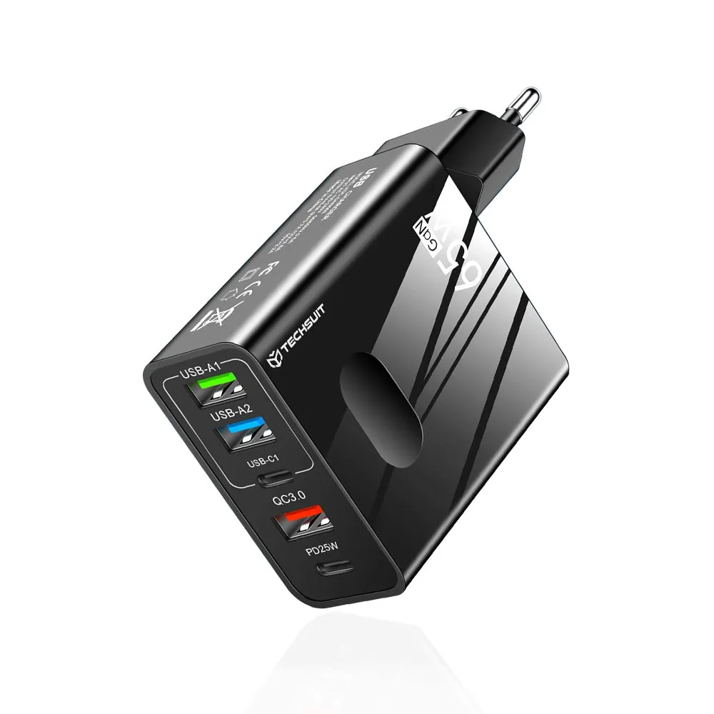 Caricabatterie Rete Techsuit CHC1 PentaXPower, 25W, 3A, 3 x USB-A - 2 x USB-C, Nero - immagine 1