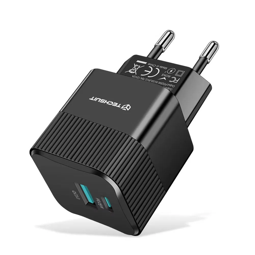 Caricabatterie Rete Techsuit CHPD216 Tiny, 25W, 3A, 1 x USB-A - 1 x USB-C, Nero - immagine 1