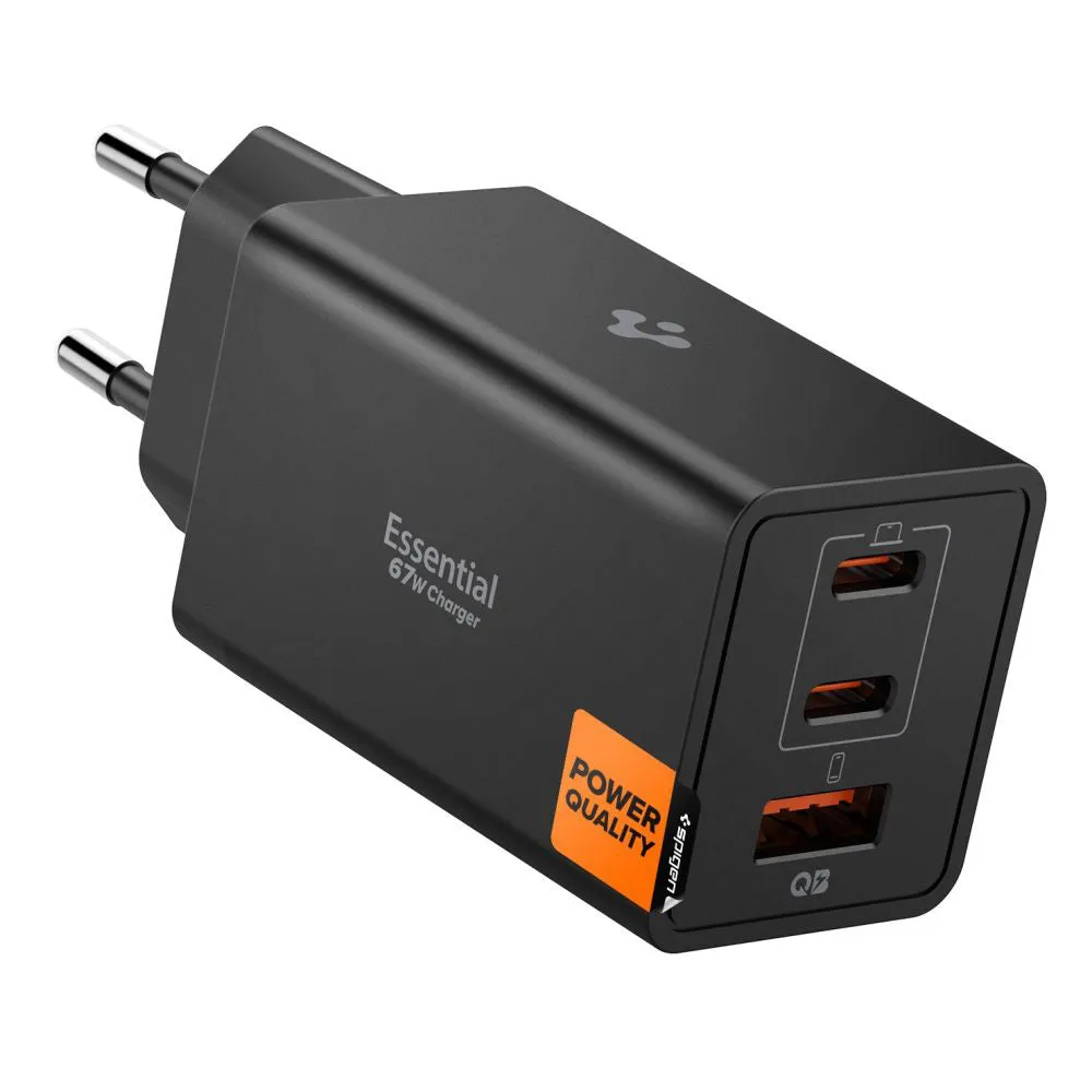 Caricabatterie da rete Spigen Essential, 67W, 3.25A, 1 x USB-A - 2 x USB-C, Nero ACH09458 - immagine 1
