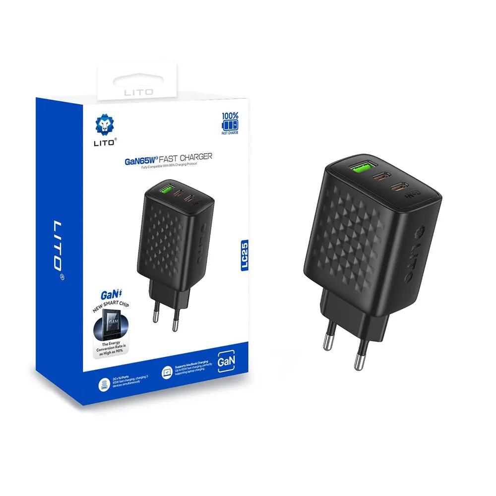Caricabatterie Rete Lito LC25, 65W, 3.25A, 1 x USB-A - 2 x USB-C, Nero - immagine 1