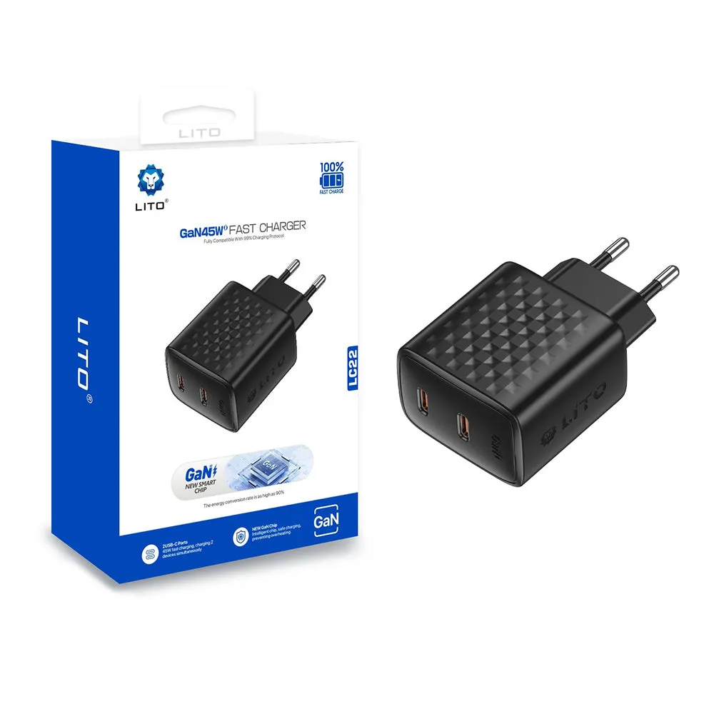 Caricabatterie Rete Lito LC22, 45W, 3A, 2 x USB-C, Nero - immagine 1