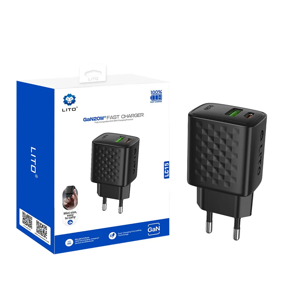 Caricabatterie Rete Lito LC15, 20W, 3A, 1 x USB-A - 1 x USB-C, Nero - immagine 1