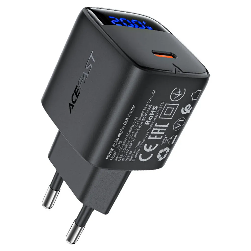 Caricabatterie Retea Acefast A113 Display, 20W, 3A, 1 x USB-C, Nero - immagine 1