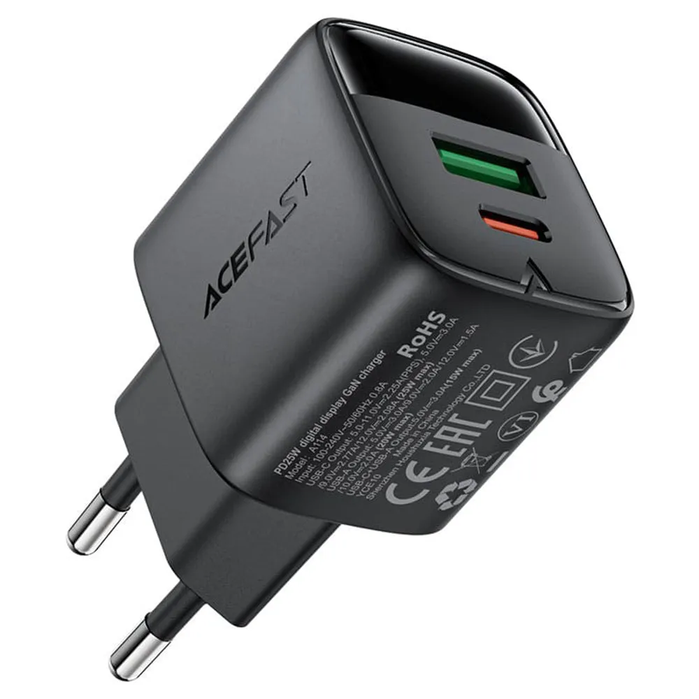 Caricabatterie Rete Acefast A114 Display, 25W, 3A, 1 x USB-A - 1 x USB-C, Nero - immagine 1